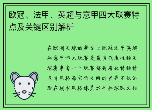 欧冠、法甲、英超与意甲四大联赛特点及关键区别解析 欧冠、法甲、英超与意甲四大联赛特点及关键区别解析